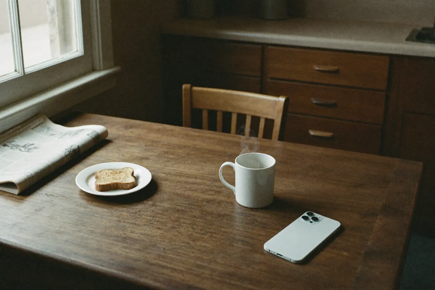 A kitchen table in the morning: a window, a mug of coffee, a slice of toast, and a phone lying face down.