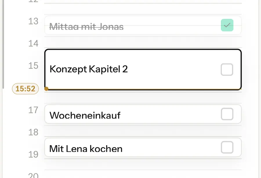 Heute in TOMRW um 15:52: der aktuelle Block ist umrandet, die nächsten warten darunter.